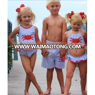 Latest children wholesale seersucker smocked swimsuit sets baby girls ruffle swim sets